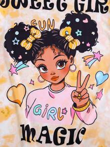 Casual Streetwear Tie-Dye T-Shirt With Girl Portrait Print For Teenage Girls - Yellow - View 6