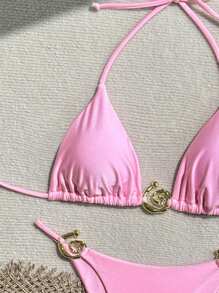 SHEIN Swim 女士纯色时尚性感比基尼套装夏季 - 粉色 - 查看 3