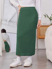 SHEIN 青少年女孩纯色弹性腰部侧开衩下摆罗纹裙，休闲