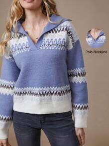 WESTFADE Fair Isle Pattern Polo Collar Long Sleeve Sweater - Multicolor - View 6