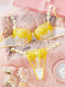 2 pièces Ensemble de lingerie pour femme avec garniture de dentelle brodée