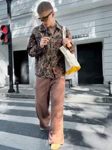 Manfinity VCAY Men's Woven Casual Daily Young Loose Long Sleeve Open Front Jacket, For Fall Winter - Brown - View 1