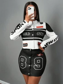 Slaydiva 3 件套摩托车风格印花夹克、吊带背心和迷你裙套装，秋冬 - 彩色 - 查看 5