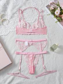 5 件套女士刺绣蕾丝性感内衣套装 - 粉色 - 查看 2