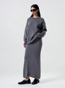 SHEIN EZwear Casual Split Back Drop Shoulder Pullover Sweater + Long Knit Skirt Set - Dark Grey - View 4