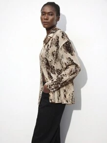 Maija 秋冬动物印花图案长袖衬衫，适合日常和工作穿着、节日 - 棕色 - 查看 4