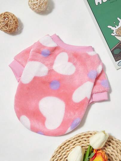 PETSIN 1件粉色法兰绒爱心印花保暖圆领衫，适用于宠物狗猫，通用款