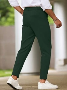 Manfinity Mode Calça Casual Masculina de Cor Sólida e Cintura Ajustada, Outono - Verde Escuro - Visão 2