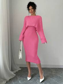 Chiquease New Round Neck Twist Pattern Sweater Women Set, Sexy And Slimming Sweater Dress Twinset
