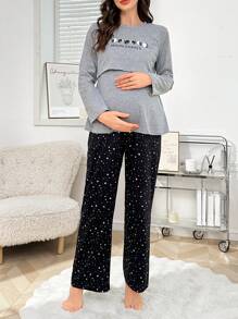 Pijama de lactancia de manga larga y pantalones largos con estampado de galaxia para maternidad