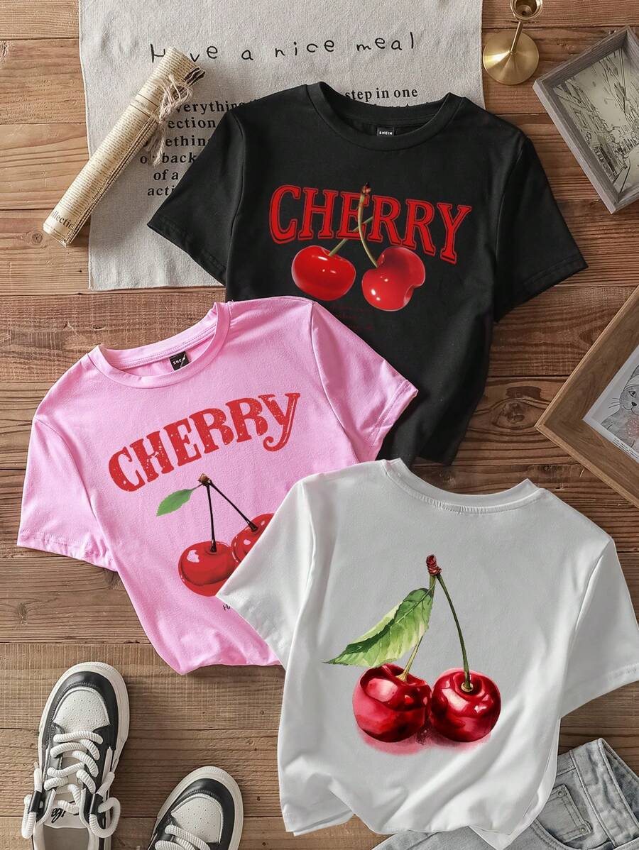 SHEIN EZwear مجموعة من 3 قطع تيشرت للأطفال بأكمام قصيرة وطباعة بسيطة، رقبة مستديرة، للنساء، صيفي - متعدد الألوان - مشاهدة 1