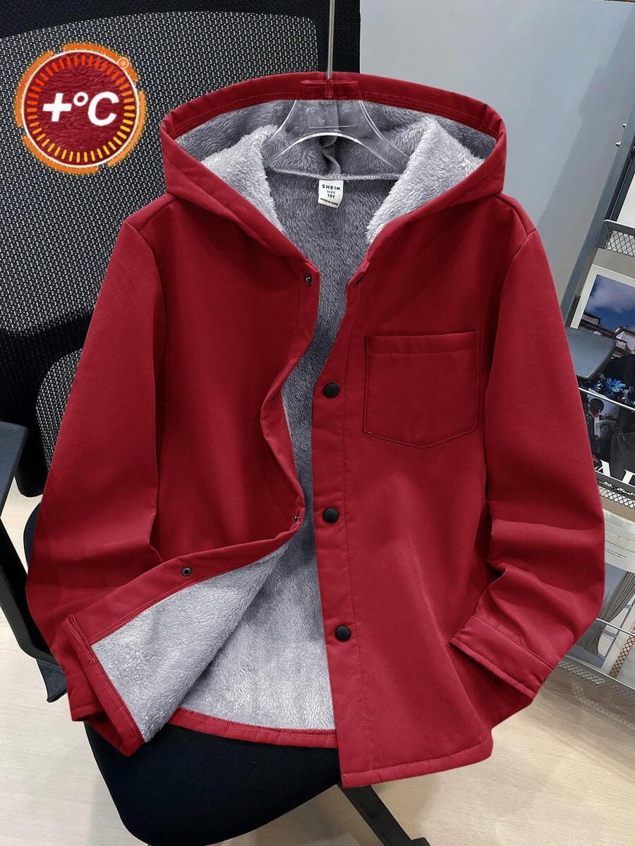 SHEIN Tween Boys Casual Korean Style Cute Patch Pocket Thermal Lined Warm Windbreaker Jacket,In Fall/Winter - Red - View 1