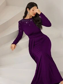 Veilorie Vrouwen ronde hals lange mouw gerimpelde taille splice flounce zeemeermin maxi elegante jurk met strass detail bescheiden