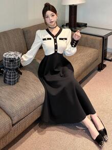 DAZY Vestido de mujer con cuello en V, recorte de color block y largo hasta la pantorrilla, vestido de manga larga para otoño