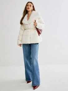 Enchnt 女士冬季白大衣，长袖蓬松领带补丁蓬松厚外套，秋季女装，女士冬季外套，感恩节 - 奶油色 - 查看 4