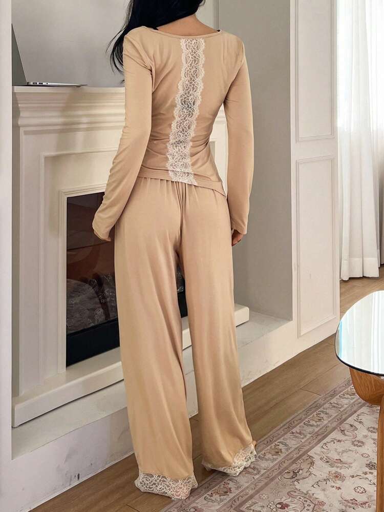 Simple Pleated Design Waist Cinching Top With Back Lace Panel & Loose Lace Panel Pajama Pants Set