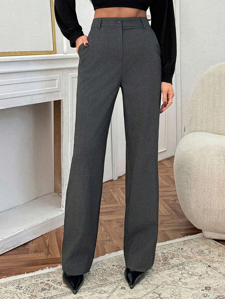 EURMUSE Women Elegant Solid Color High Waist Pants - Dark Grey - View 1