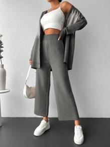 RueChic Women's Contrast Color Knit Sweater And Pants Set With Buttons - Grey - View 3