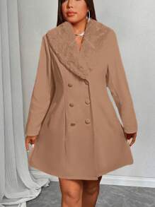 SHEIN Unity Plus Size Women Mid-Length Coat With Fur Collar, Elegant Christmas Style - Khaki - View 5
