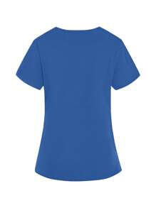 TaskEZ 2pcs Women Healthcare Uniform - Solid Color V-Neck Blouse & Slit Long Pants, Scrub Sets - Blue - View 4