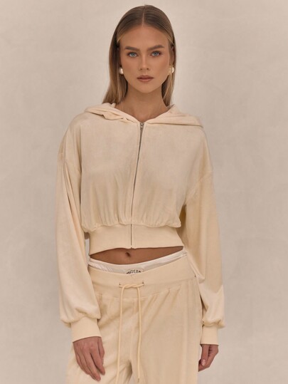 MUSERA Velour Cropped Hooded Zip Through Jacket