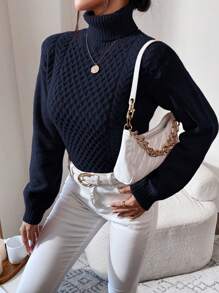 RueChic Sweater Kasual Lengan Panjang Kerah Tinggi Warna Polos untuk Wanita, Musim Gugur/Dingin - Navy Blue - View 4