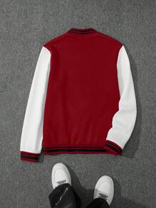 Manfinity EMRG 男士休闲棒球夹克，带字母和条纹印花，单排扣，长袖，秋季 - 彩色 - 查看 2