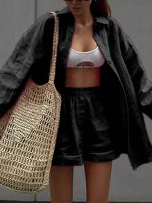 INAWLY 2pcs/Set Women Front Button Long Sleeve Top And Shorts, Minimalist Style - Black - View 1