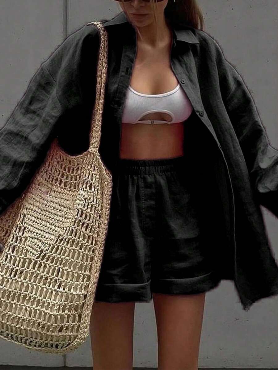 INAWLY 2pcs/Set Women Front Button Long Sleeve Top And Shorts, Minimalist Style - Black - View 1