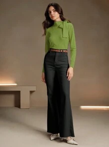 Anewsta Women's Elegant Solid Color Bowknot Shoulder Design Pullover Sweater, Suitable For Autumn, Winter, Going Out, Leisure, Formal, Party, Fashionable, New Year, Christmas, Work, Graduation, Wedding - Green - View 3