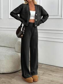 EURMUSE 2pcs Women's Autumn/Winter Cable Knitted Cardigan And Elastic Waist Pants Set - Black - View 6