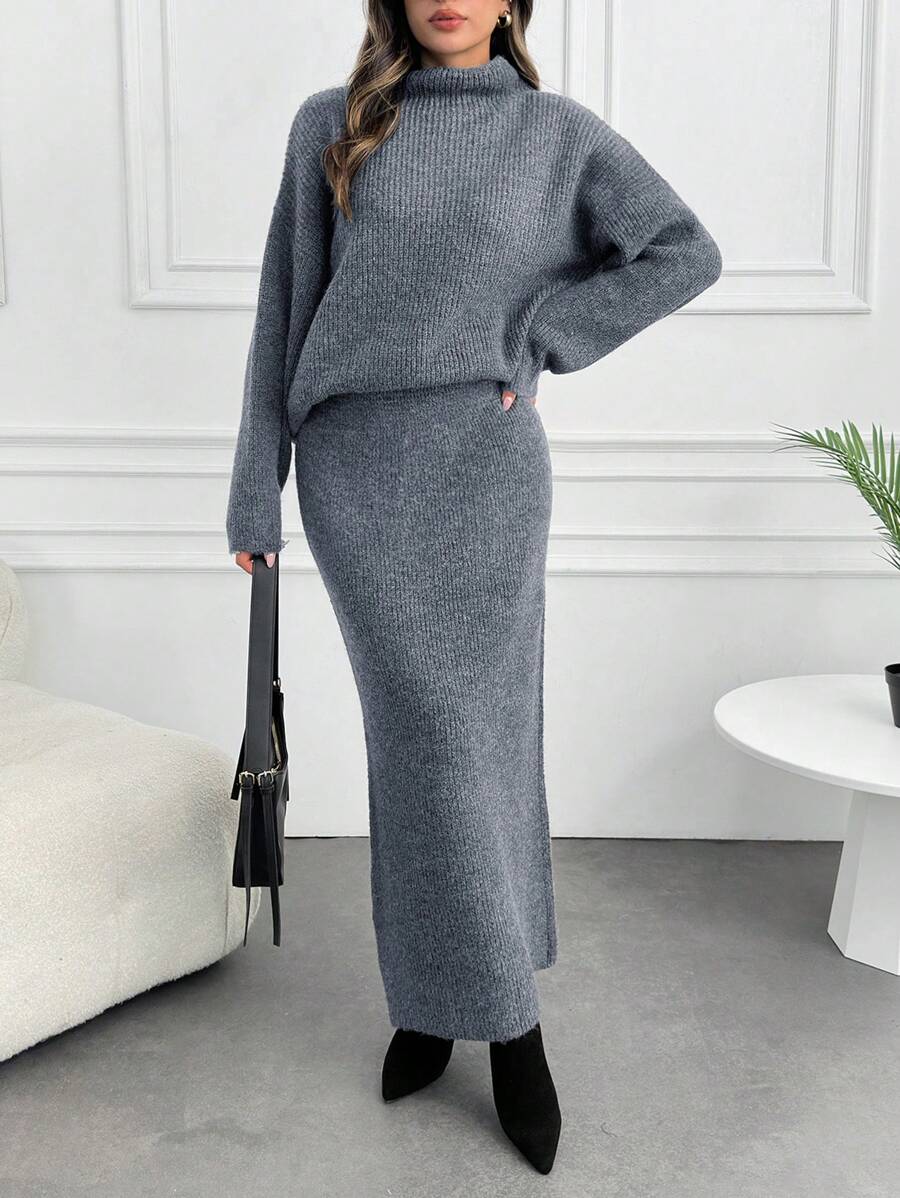 SHEIN Tall Women Sweater And Skirt Elegant Sweater Co-Ords Set Pullover And Maxi Skirt - Grey - View 1
