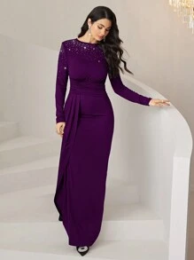 Veilorie Vrouwen ronde hals lange mouw gerimpelde taille splice flounce zeemeermin maxi elegante jurk met strass detail bescheiden