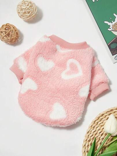 PETSIN 1 pieza Sudadera con capucha de cuello de equipo con estampado de corazón y estrella de franela rosa cálida universal para perros y gatos