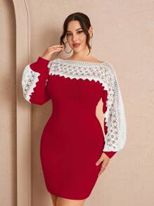 Celure Plus Size Elegante Color Block Kant Patchwork Asymmetrische Kraag Getailleerde Trui Jurk Voor De Herfst