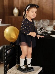 SHEIN Baby Girl Casual Foil Heart Pattern Splice Mesh Ruffle Bodysuit With Headband - Navy Blue - View 4