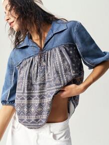 Bohemela Chemise femme en denim tissé ample avec col à revers et manches courtes