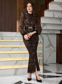 Modelyn Crew Neck Leopard Print Waist Cinched Bodycon Drawstring Asymmetric Fishtail Dress Maxi Women Outfit Long Evening Dresses