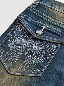 SHEIN Jeans acampanados de mezclilla con bordado de mariposa de cristal vintage de cintura baja estilo Y2K para niña preadolescente, otoño invierno vuelta al colegio - Azul lavado oscuro - Ver 3