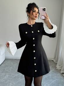 Elenzga Vestido corto negro sexy y elegante con decoración de botón metálico y volantes en los puños, con silueta de línea A