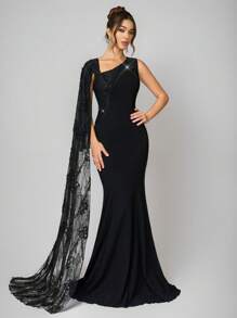 SHEIN Belle Vestido formal de fiesta elegante para mujer, de punto negro con contraste de encaje en la cintura, vestido de noche, vestido de graduación, para invitados de boda, cena