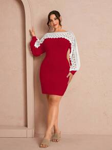 Celure Plus Size Elegante Color Block Kant Patchwork Asymmetrische Kraag Getailleerde Trui Jurk Voor De Herfst