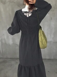 FRIFUL Vestido largo informal de mujer de unicolor con lazo de atar y volantes en el bajo, otoño
