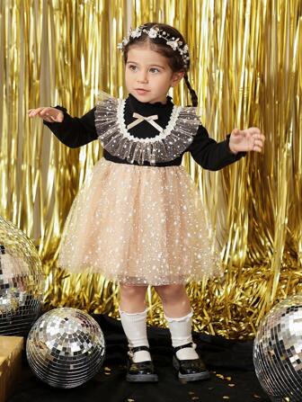 SHEIN Robe de princesse en tulle avec col rond, manches longues et décoration de papillons, coupe évasée. Élégante et conçue pour les bébés filles, respirante et confortable pour le printemps et l'automne