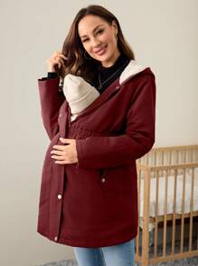 SHEIN Maternity Hooded Jacket/Coat, Fuzzy Button Solid Color Jacket For Pregnant Women, Autumn/Winter - Burgundy - View 6