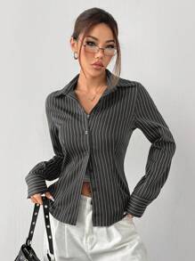 SHEIN EZwear 女士灰色编织条纹长袖单扣休闲衬衫 - 灰色 - 查看 4