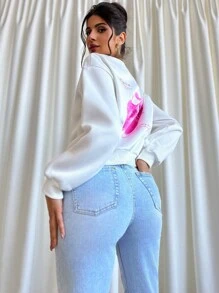 Aloruh Sudadera con estampado floral colocado para mujer, moda europea y americana