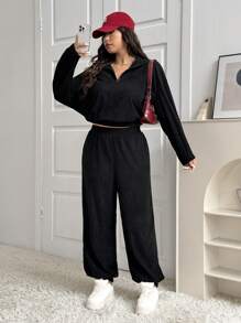 SHEIN EZwear 2 件大码纯色立领半拉链长袖上衣和裤子套装，秋冬 - 黑色 - 查看 4