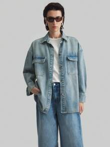 Ontre Women's Autumn Off-Shoulder Long Sleeve Single-Breasted Cargo Pocket Loose Casual Denim Jacket - Blue - View 6