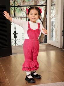 SHEIN Baby Girls High Neck Solid Knitting Top And Velvet Heart Shaped Flared Pants Set, Autumn